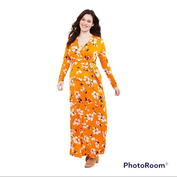 Motherhood Maternity Mustard Yellow Long Sleeve Floral Maxi Dress size Medium - Picture 1 of 8